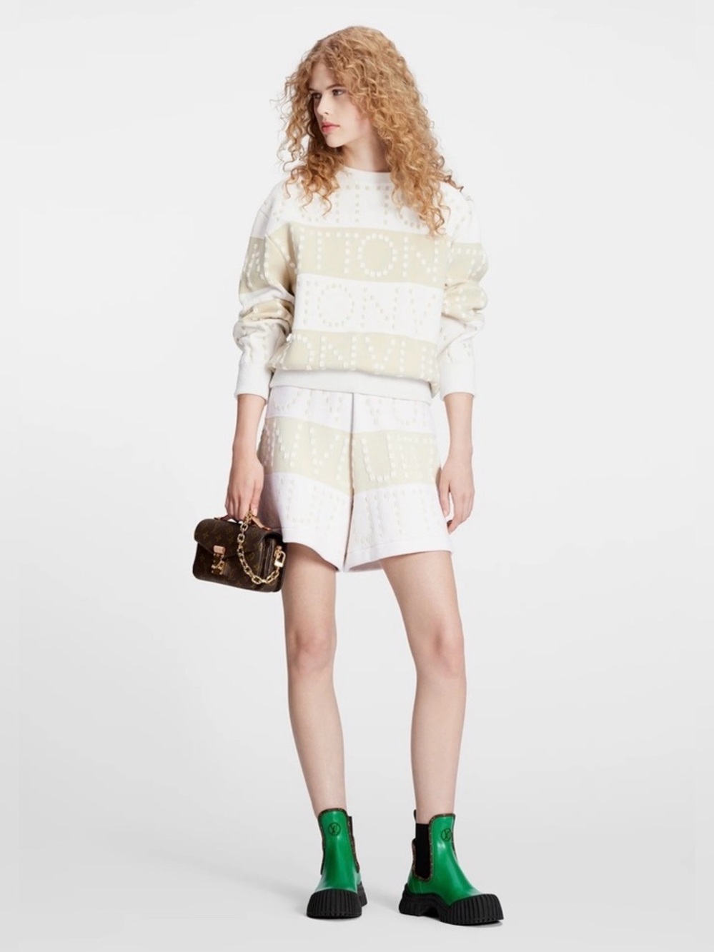 LOUIS VUITTON • SS23 Chunky Stripe Monogram Knit Bermuda Shorts in Cream